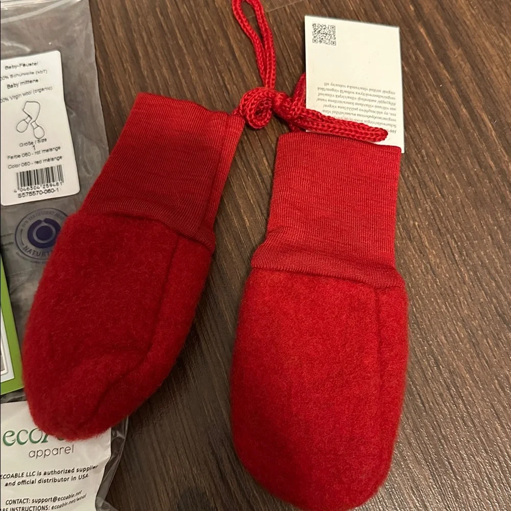 EcoAble 100% organic merino wool thumbless red baby Kids Mittens gloves - NWT